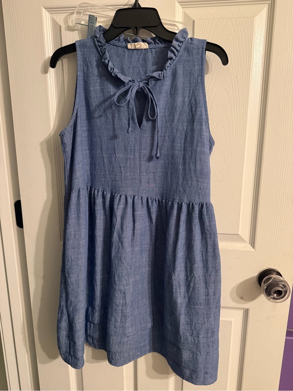 Sleeveless Blue Tie-Neck Ruffle Casual Dress